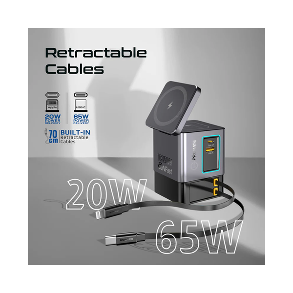 Promate PowerSync-105 105W GaNFast Multi-Port Wireless Charging Station with Dual Retractable Cables
