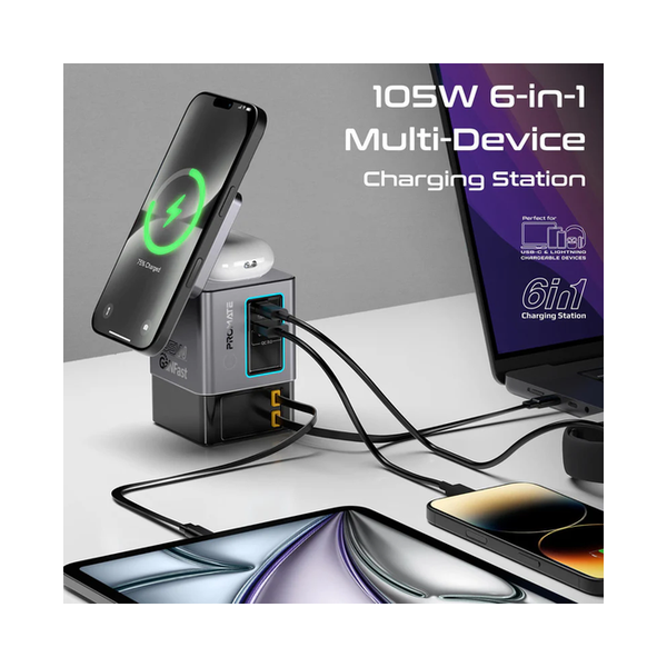 Promate PowerSync-105 105W GaNFast Multi-Port Wireless Charging Station with Dual Retractable Cables