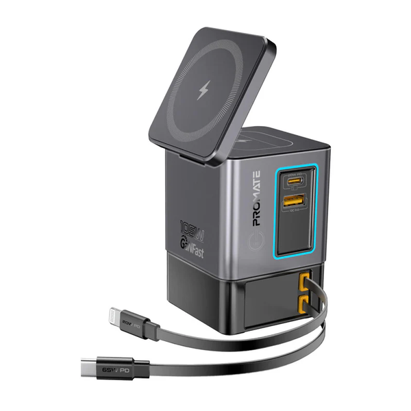 Promate PowerSync-105 105W GaNFast Multi-Port Wireless Charging Station with Dual Retractable Cables