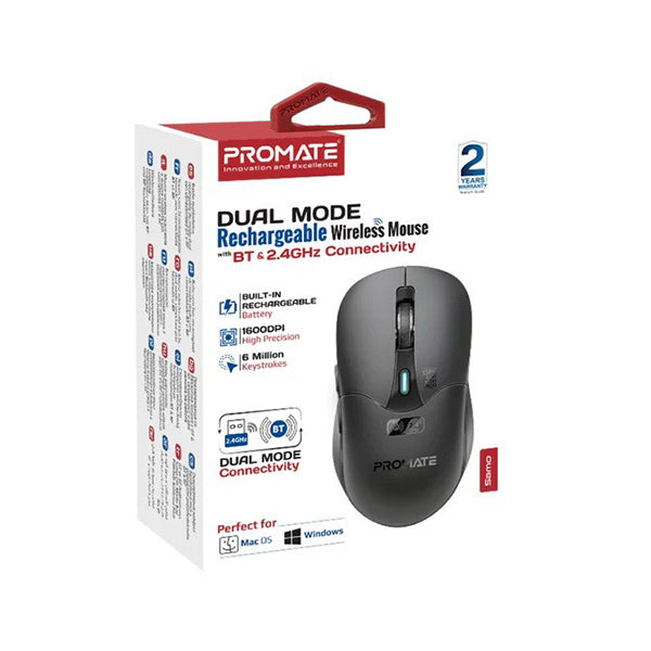Promate, Samo, Dual Mode Rechargeable Wireless Mouse with BT & RF Connectivity