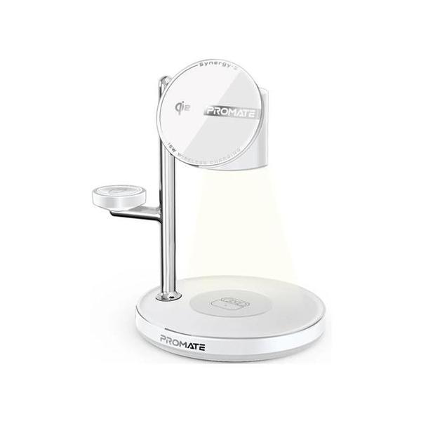 Promate Synergy-3 4-in-1 Qi2 Certified MagSafe Compatible Wireless Charging Station w/ Soft-Glow Night Lamp