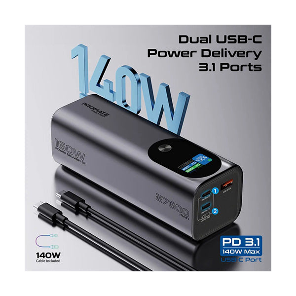 Promate, Titan-160, Ultra-Compact 160W Multi-Port PD 3.1 Power Bank with TFT LCD Screen