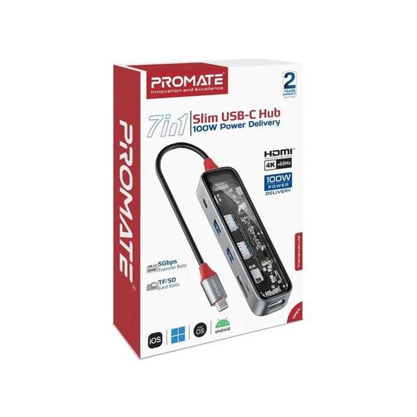 Promate TransHub-Lite 7-in 1 Transparent Multiport Slim USB-C Hub with 100W Power Delivery