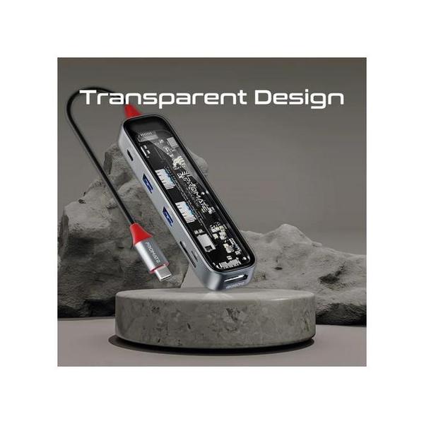 Promate TransHub-Lite 7-in 1 Transparent Multiport Slim USB-C Hub with 100W Power Delivery