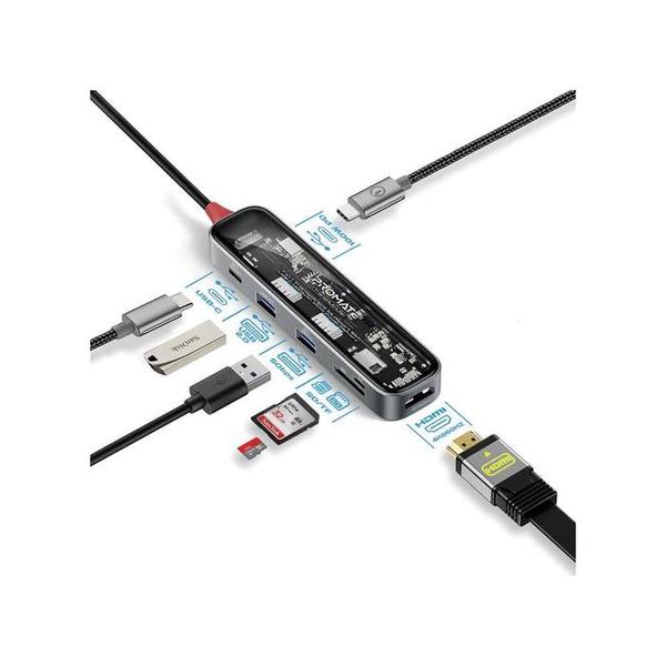 Promate TransHub-Lite 7-in 1 Transparent Multiport Slim USB-C Hub with 100W Power Delivery