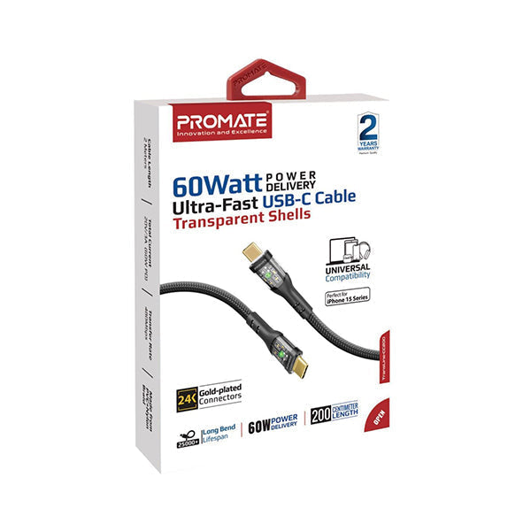Promate, Transline-CC200, 2m USB-C To USB-C Cable with Transparent Connectors - TRANSLINE-CC200