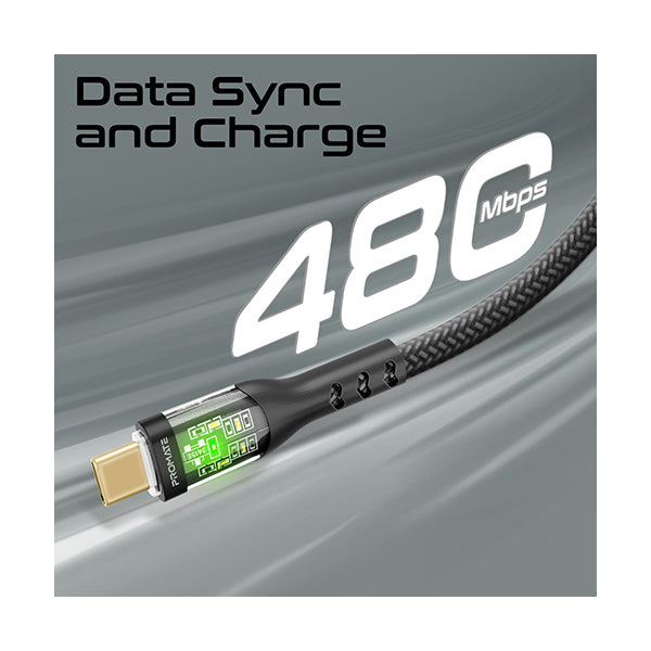Promate, Transline-CC200, 2m USB-C To USB-C Cable with Transparent Connectors - TRANSLINE-CC200