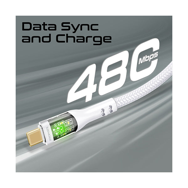 Promate, Transline-CC200, 2m USB-C To USB-C Cable with Transparent Connectors - TRANSLINE-CC200