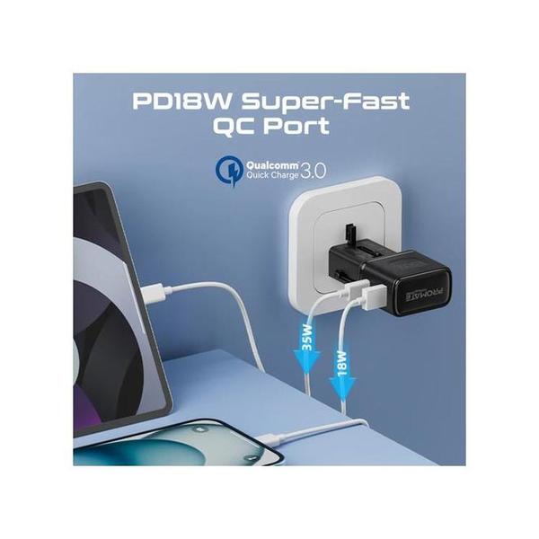 Promate TriPlug-PD35 35W Power Delivery Multi-Port Travel Adapter