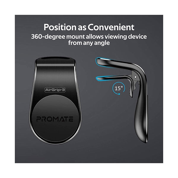 Promate, AirGrip-3 AC Vent Phone Holder, Universal Air Vent Magnetic Holder with Quick Clip Mounting, Secure Vent Grip, Anti-Slip and 360 Degree Rotation Phone Car Mount for Smartphones, GPS