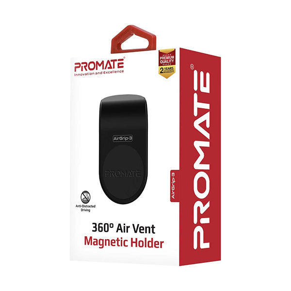 Promate, AirGrip-3 AC Vent Phone Holder, Universal Air Vent Magnetic Holder with Quick Clip Mounting, Secure Vent Grip, Anti-Slip and 360 Degree Rotation Phone Car Mount for Smartphones, GPS