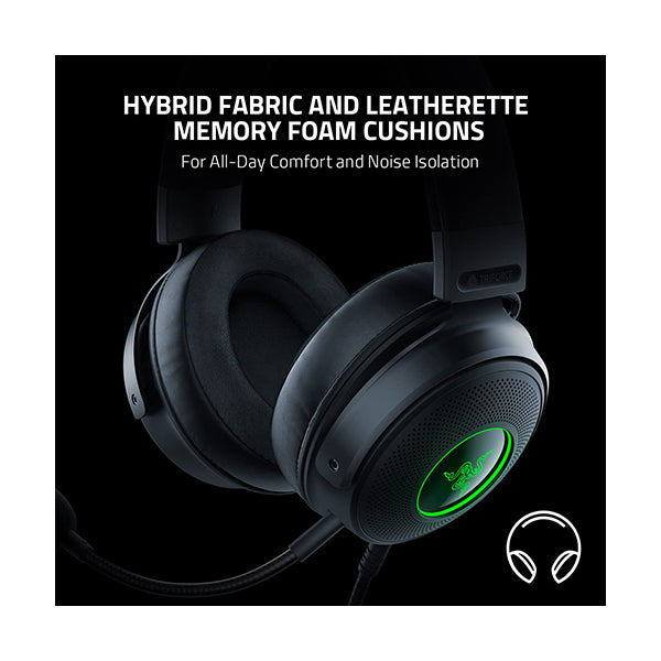 Razer Kraken V3 Wired USB Gaming Headset: Triforce Titanium 50mm Drivers - THX Spatial Audio - Chroma RGB Lighting - Hybrid Fabric & Leatherette Memory Foam Cushions - Detachable HyperClear Mic - RZ04-03770200-R3M1