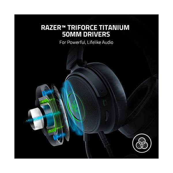 Razer Kraken V3 Wired USB Gaming Headset: Triforce Titanium 50mm Drivers - THX Spatial Audio - Chroma RGB Lighting - Hybrid Fabric & Leatherette Memory Foam Cushions - Detachable HyperClear Mic - RZ04-03770200-R3M1