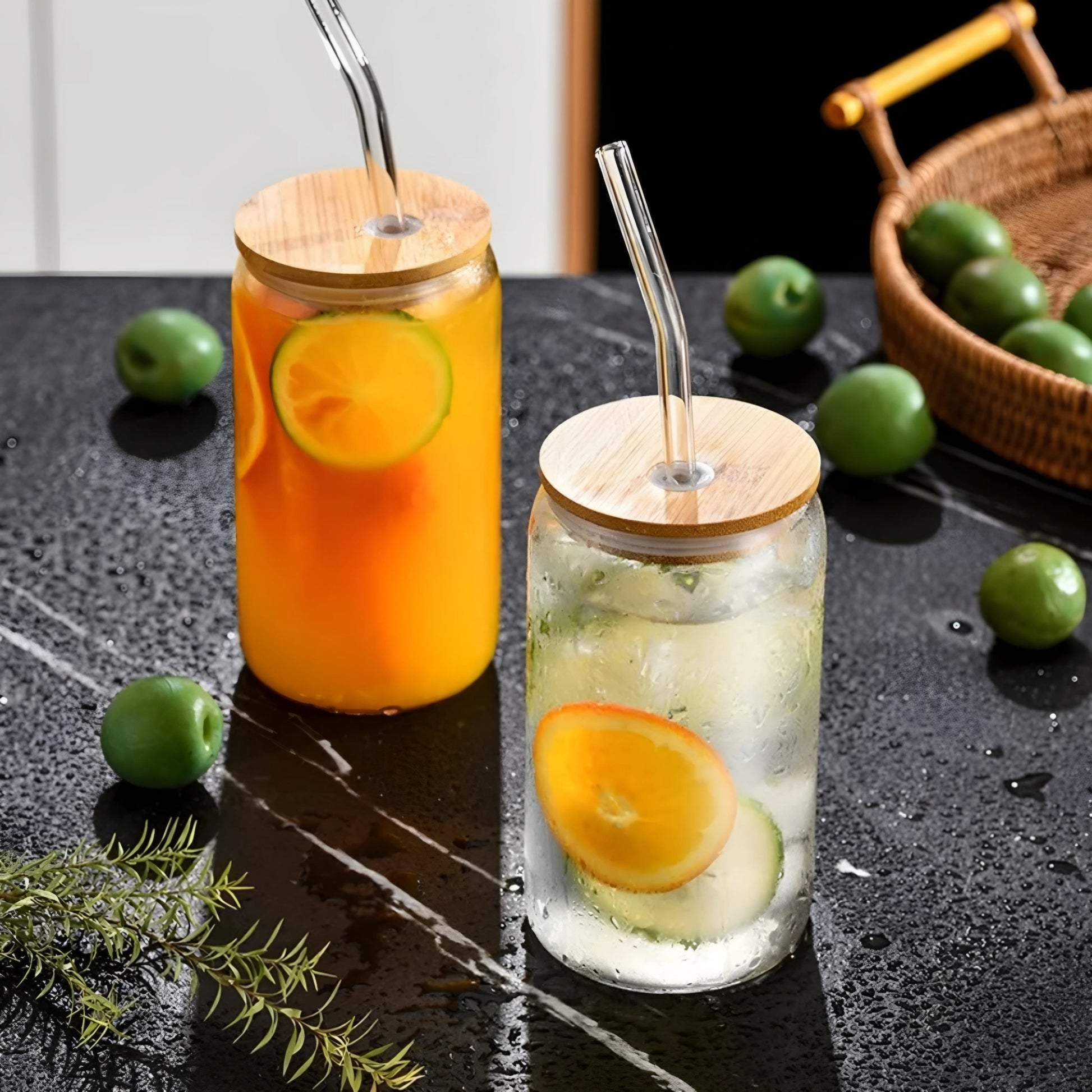 GLASS CAN WITH BAMBOO LID , STRAW, AND BRUSH