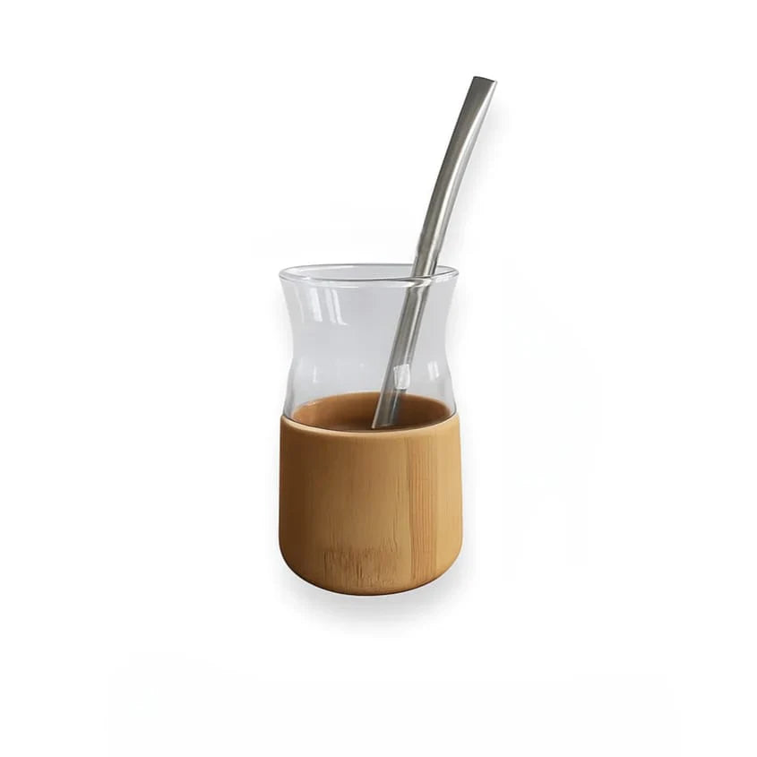 Phoneix  mate cup clear glass with bamboo base +straw