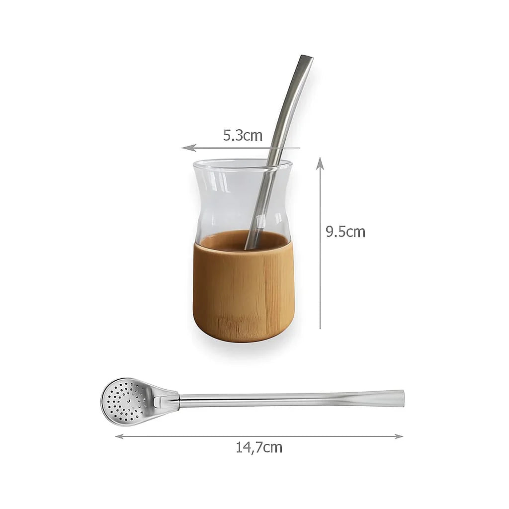 Phoneix  mate cup clear glass with bamboo base +straw