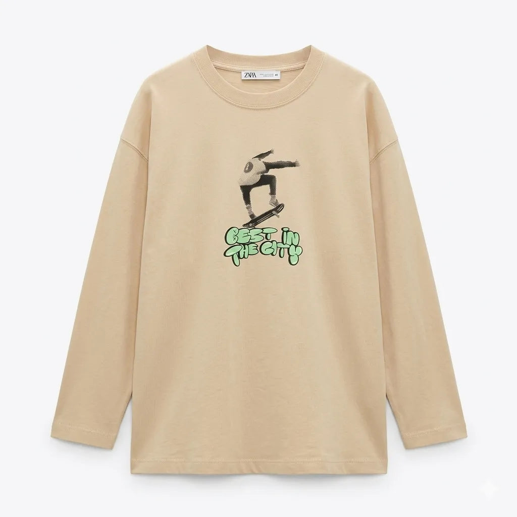 Zara Boy's Beige Skater Print Long Sleeve Blouse|Zara in Lebanon