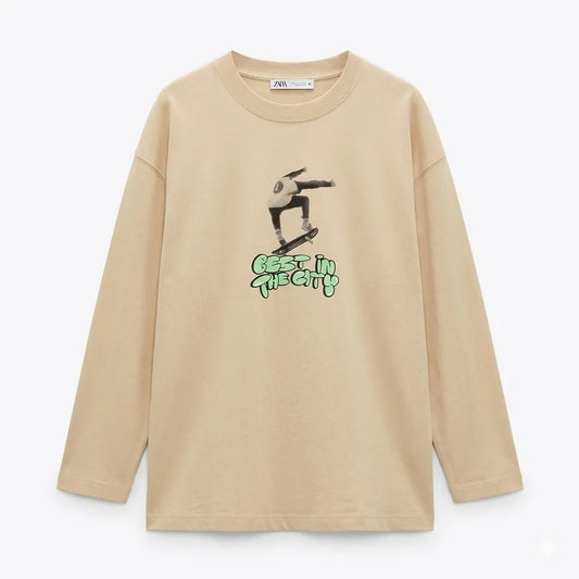 Zara Boy's Beige Skater Print Long Sleeve Blouse|Zara in Lebanon