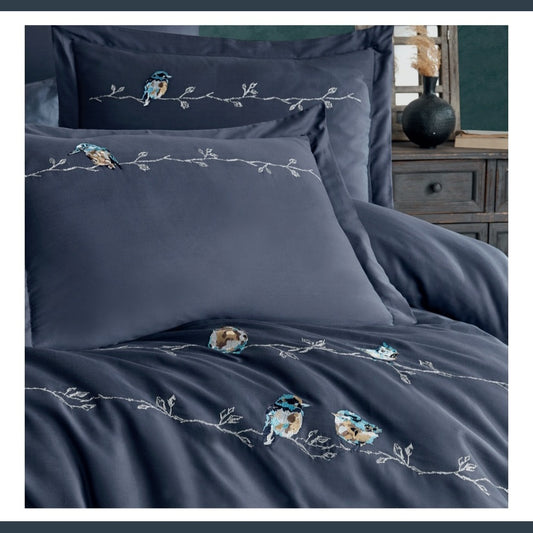 Vogel navy - Cotton Satin Embroidered Duvet Cover Set Double