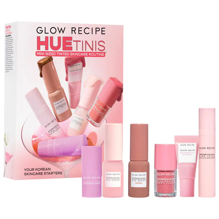 Glow Recipe 
Huetinis Mini Tinted Skincare Set.                 What it is: A mini, tinted skincare routine inspired by Korean makeup tricks for glowing skin, featuring sheer tints that hydrate and visibly brighten over time