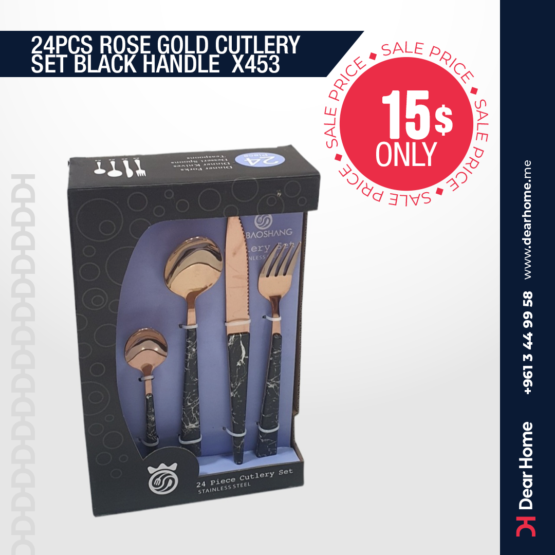 24PCS ROSE GOLD CUTLERY SET BLACK MARBLE HANDLE  X453