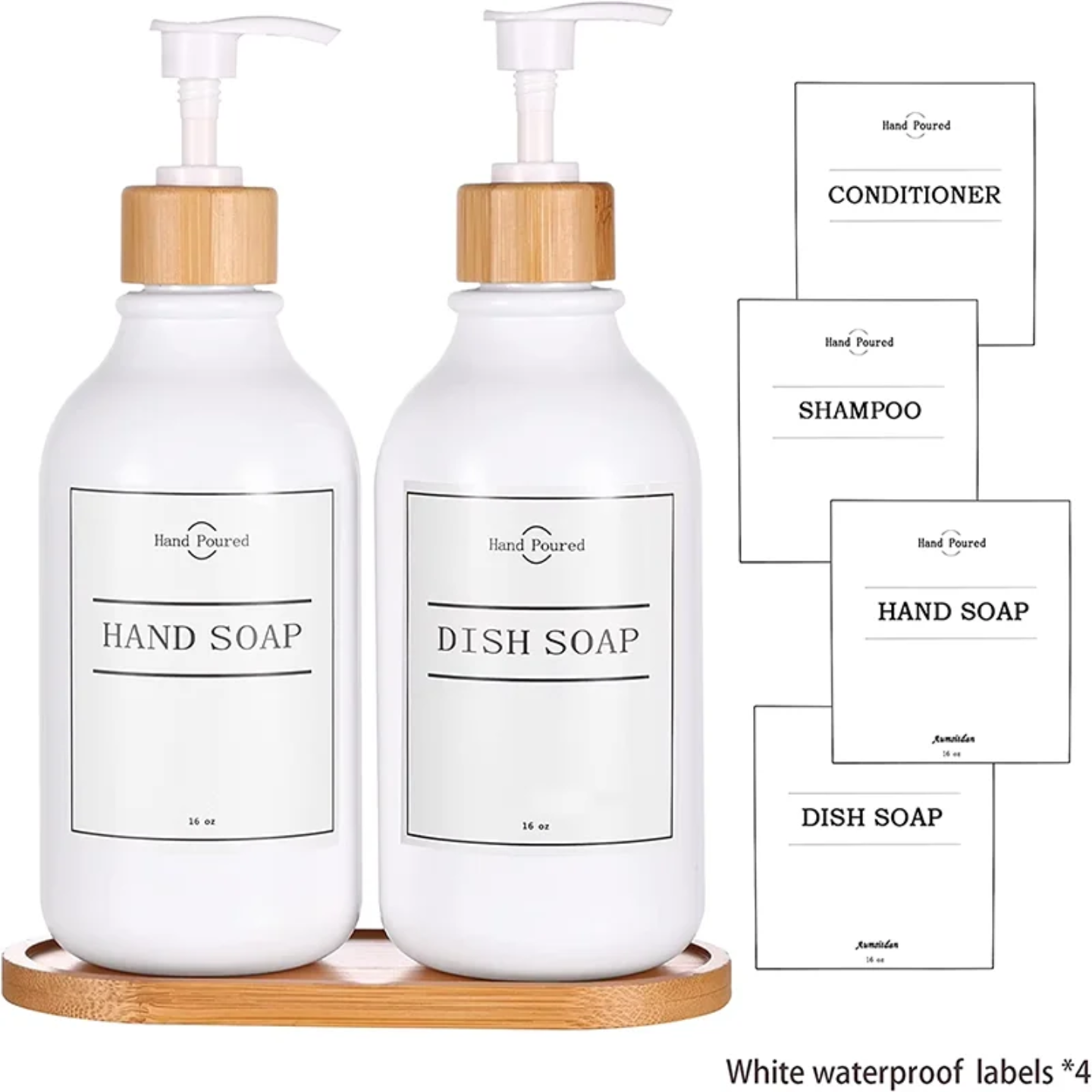 WHITE  PLASTIC SOAP BOTTLES SET WITH BAMBOO BASE SET OF 2 PCS