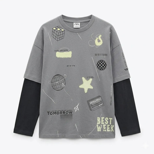 Zara Boy's Gray Printed Layered Look Silhoutte Long Sleeve Blouse|Zara in Lebanon