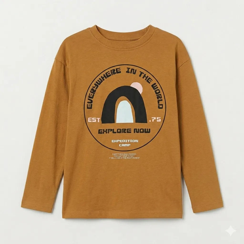 Zara Boy's Mustard Brown Long Sleeve Graphic Expedition Camp Adventure Blouse|Zara in Lebanon