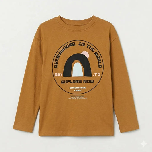 Zara Boy's Mustard Brown Long Sleeve Graphic Expedition Camp Adventure Blouse|Zara in Lebanon