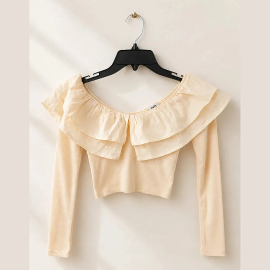 Zara Girl's Cream Collar Knit Long Sleeve Cropped Blouse | Zara In Lebanon