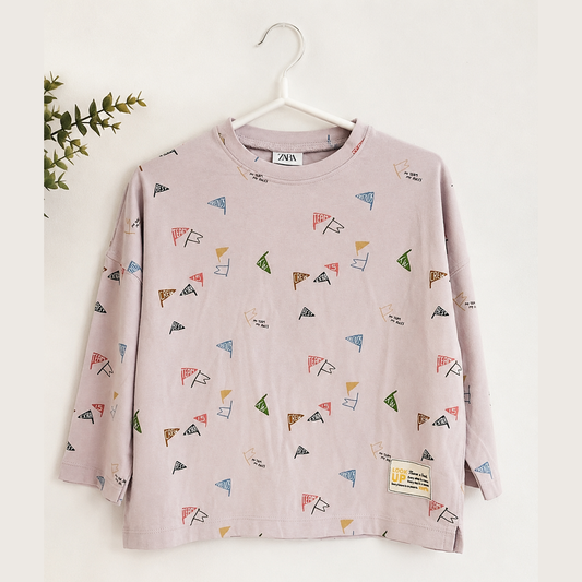 Zara Boy's Beige Flags Printed Long Sleeve Blouse | Zara In Lebanon