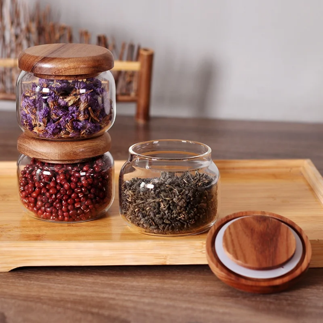 250 MLGLASS SPICE JAR WITH ACACIA WOOD LID