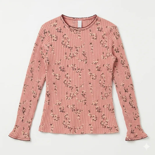 Zara Girl's Pink Floral Ribbed Crew Neck Long Sleeve Blouse|Zara in Lebanon