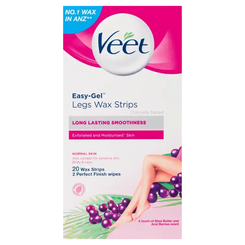 Veet Easy EasyGrip 20 Ready to Use Wax Strips + 4 Perfect Finish Wipes (Shea Butter Berry)