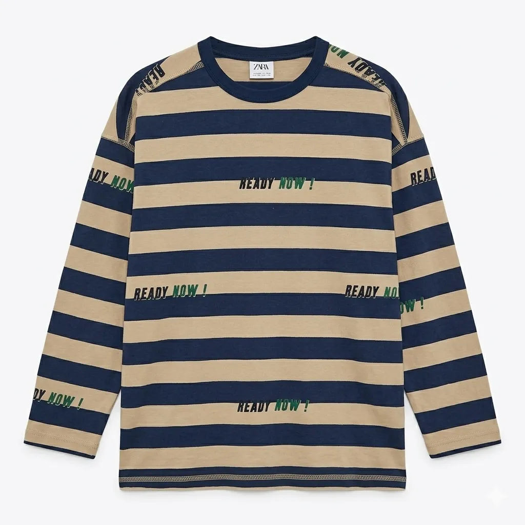 Zara Boy's Navy & Beige Striped Long Sleeve Graphic Blouse|Zara in Lebanon