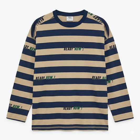 Zara Boy's Navy & Beige Striped Long Sleeve Graphic Blouse|Zara in Lebanon