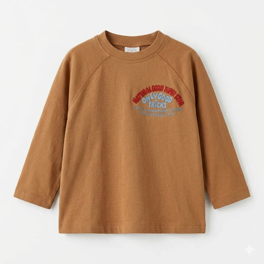 Zara Boy's Sand Chest Print Crew Neck Long Sleeve Blouse|Zara in Lebanon