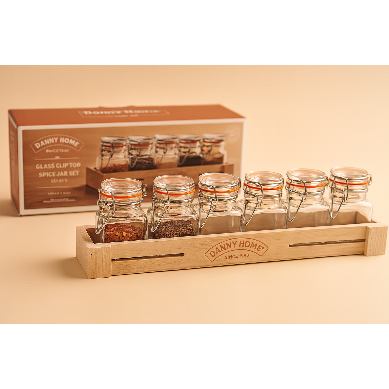 DANNY HOME SET OF 6 GLASS JARS WITH WOODEN CRATE