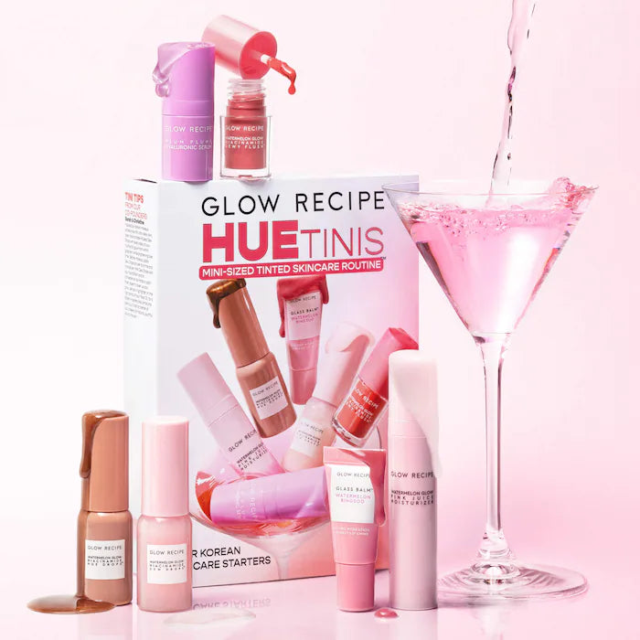 Glow Recipe 
Huetinis Mini Tinted Skincare Set.                 What it is: A mini, tinted skincare routine inspired by Korean makeup tricks for glowing skin, featuring sheer tints that hydrate and visibly brighten over time
