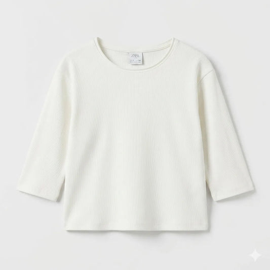 Zara Girl's White Ribbed Crew Neck Long Sleeve Blouse|Zara in Lebanon