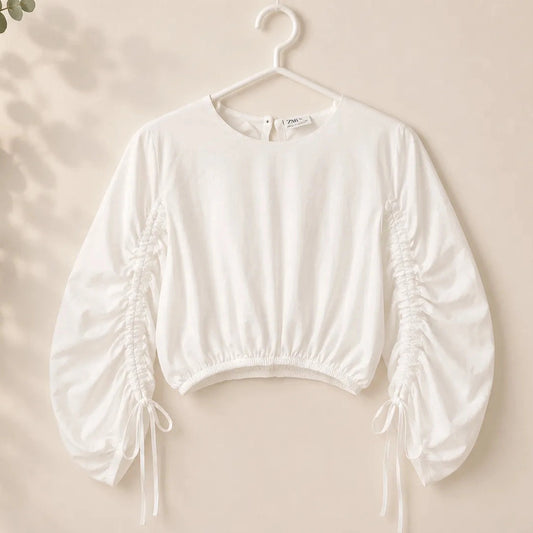Zara Girl's White Gathered Sleeves Cropped Blouse | Zara In Lebanon