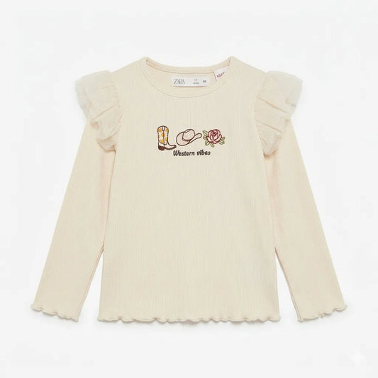 Zara Girl's Cream Western Vibes Ribbed Tulle Flutter Long Sleeve Blouse|Zara in Lebanon