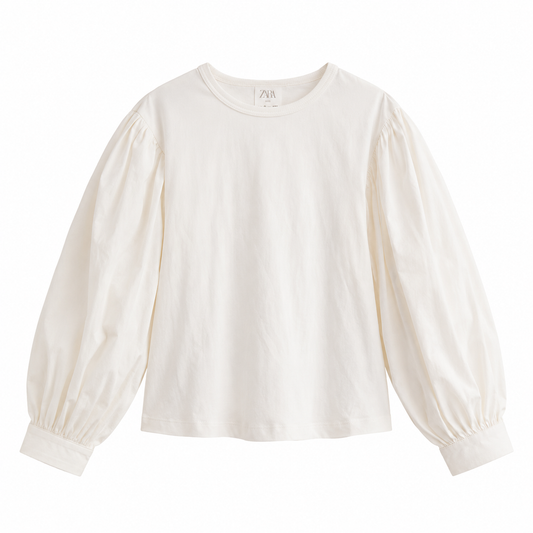 Zara Girl's White Statement Puff Sleeve Crew Neck Blouse|Zara in Lebanon