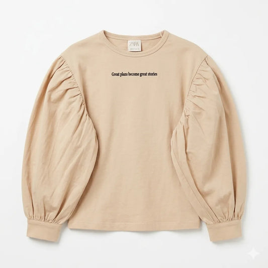 Zara Girl's Beige Chest Print Puff Sleeve Blouse|Zara in Lebanon