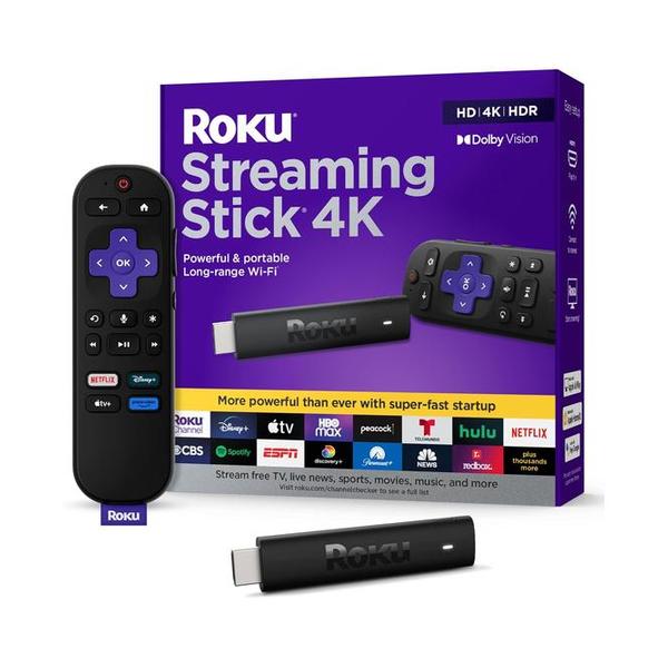 Roku Streaming Stick 4K - HDR & Dolby Vision Roku Streaming Device for TV with Voice Remote & Long-Range Wi-Fi - Free & Live TV