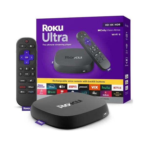Roku Ultra - Ultimate Streaming Player - 4K Streaming Device for TV with HDR10+, Dolby Vision & Atmos - Bluetooth & Wi-Fi 6- Rechargeable Voice Remote Pro with Backlit Buttons - Free & Live TV