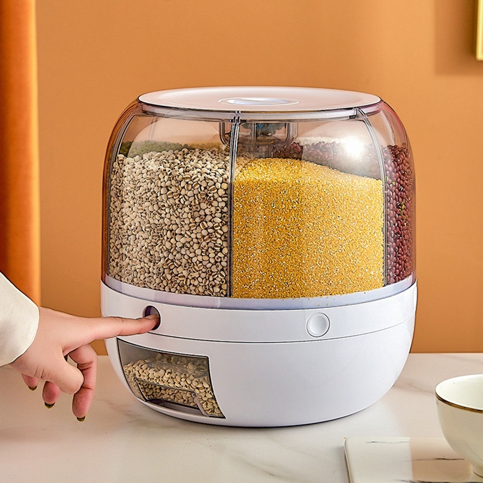 Big Size 29 cm Rotating Rice Dispenser 6 Grid Sealed Rice Storage Box Grain Storage Bucket Dry Food Storage Jar Kitchen Storage Organizer