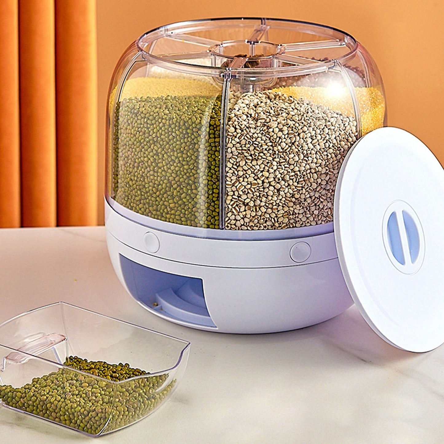 Big Size 29 cm Rotating Rice Dispenser 6 Grid Sealed Rice Storage Box Grain Storage Bucket Dry Food Storage Jar Kitchen Storage Organizer