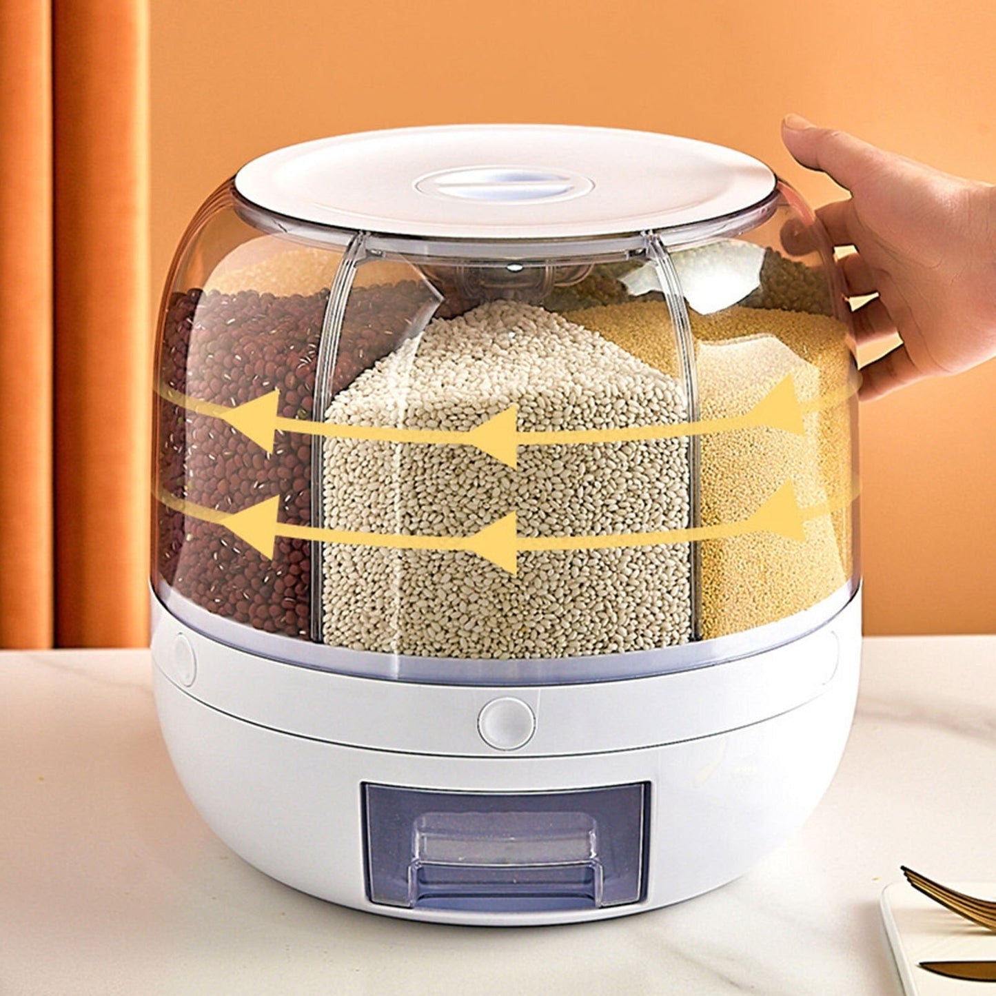 Big Size 29 cm Rotating Rice Dispenser 6 Grid Sealed Rice Storage Box Grain Storage Bucket Dry Food Storage Jar Kitchen Storage Organizer