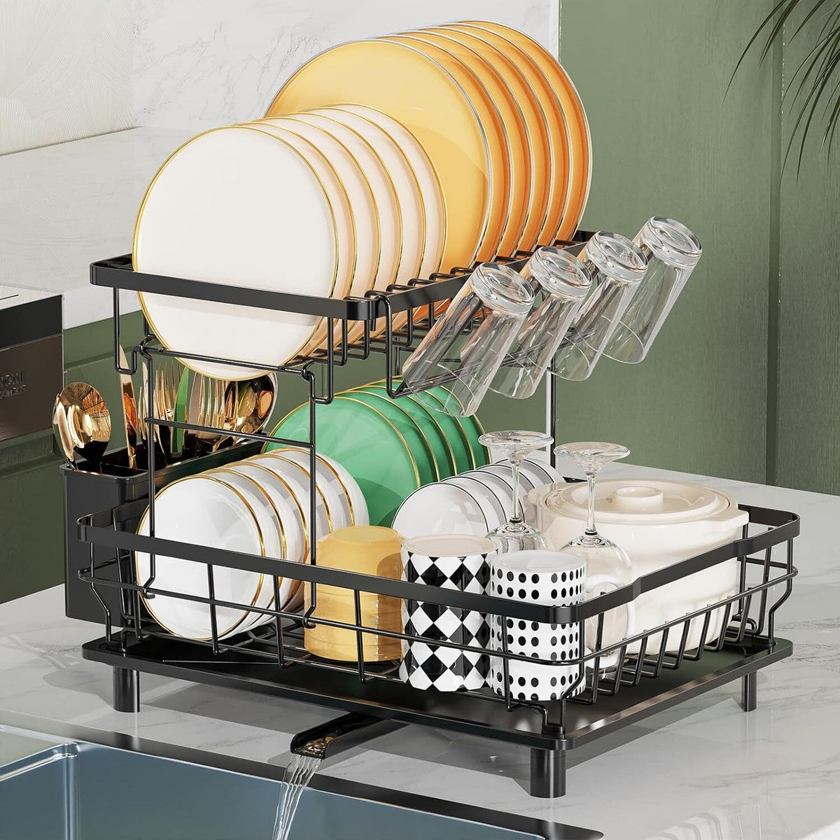 Neo 2 Tier Dish Drain Rack with Draining Outlet